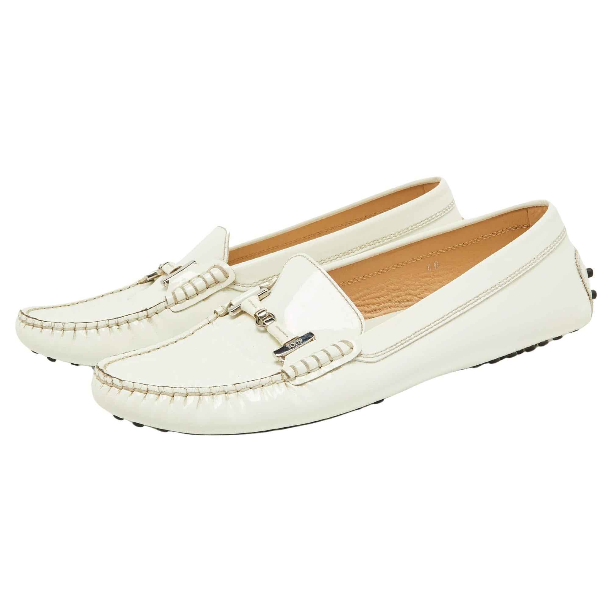 Tod's Off White Patent Leather Penny Driving Loafers Size 40 For Sale