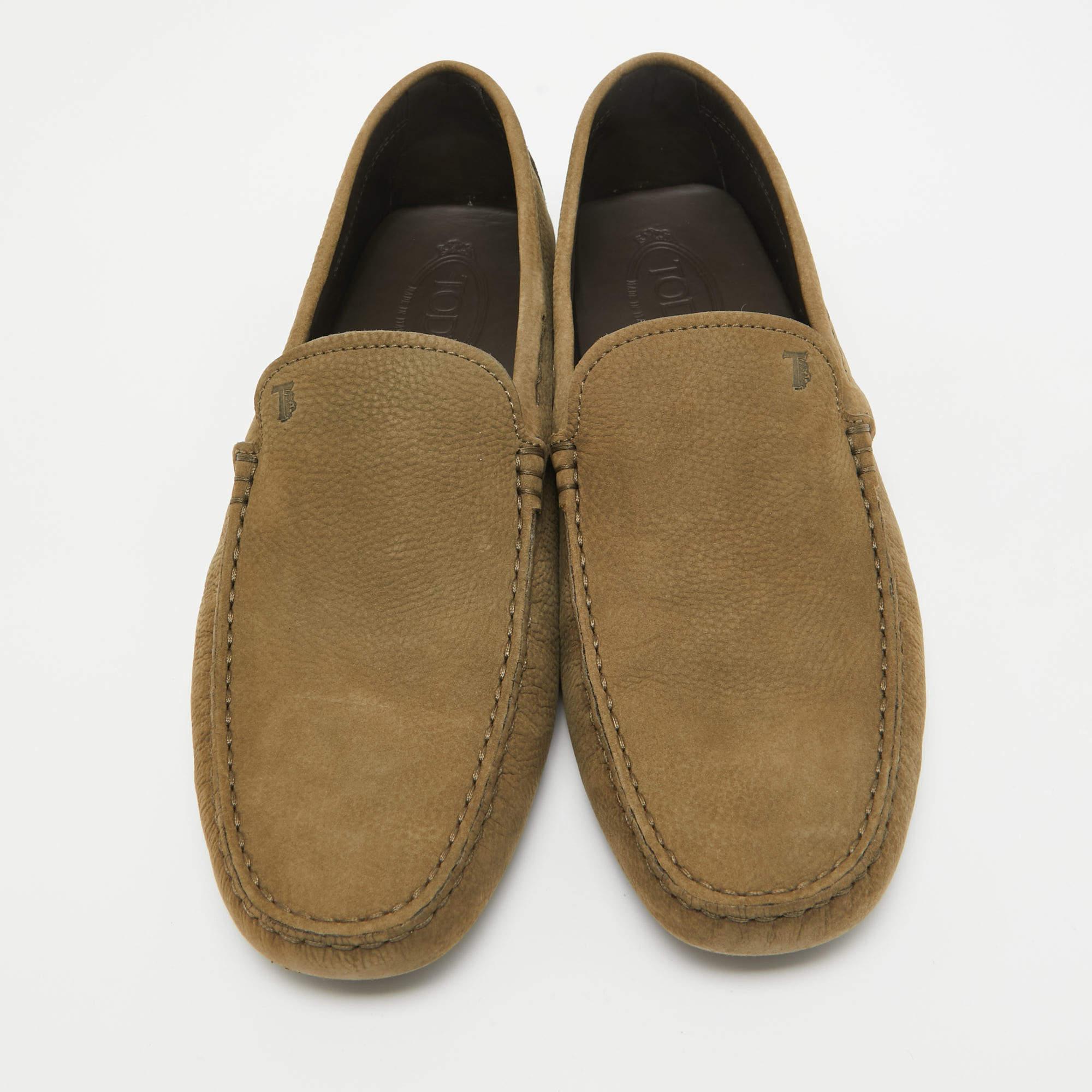 Brown Tod's Olive Green Nubuck Leather Slip On Loafers Size 44.5 For Sale