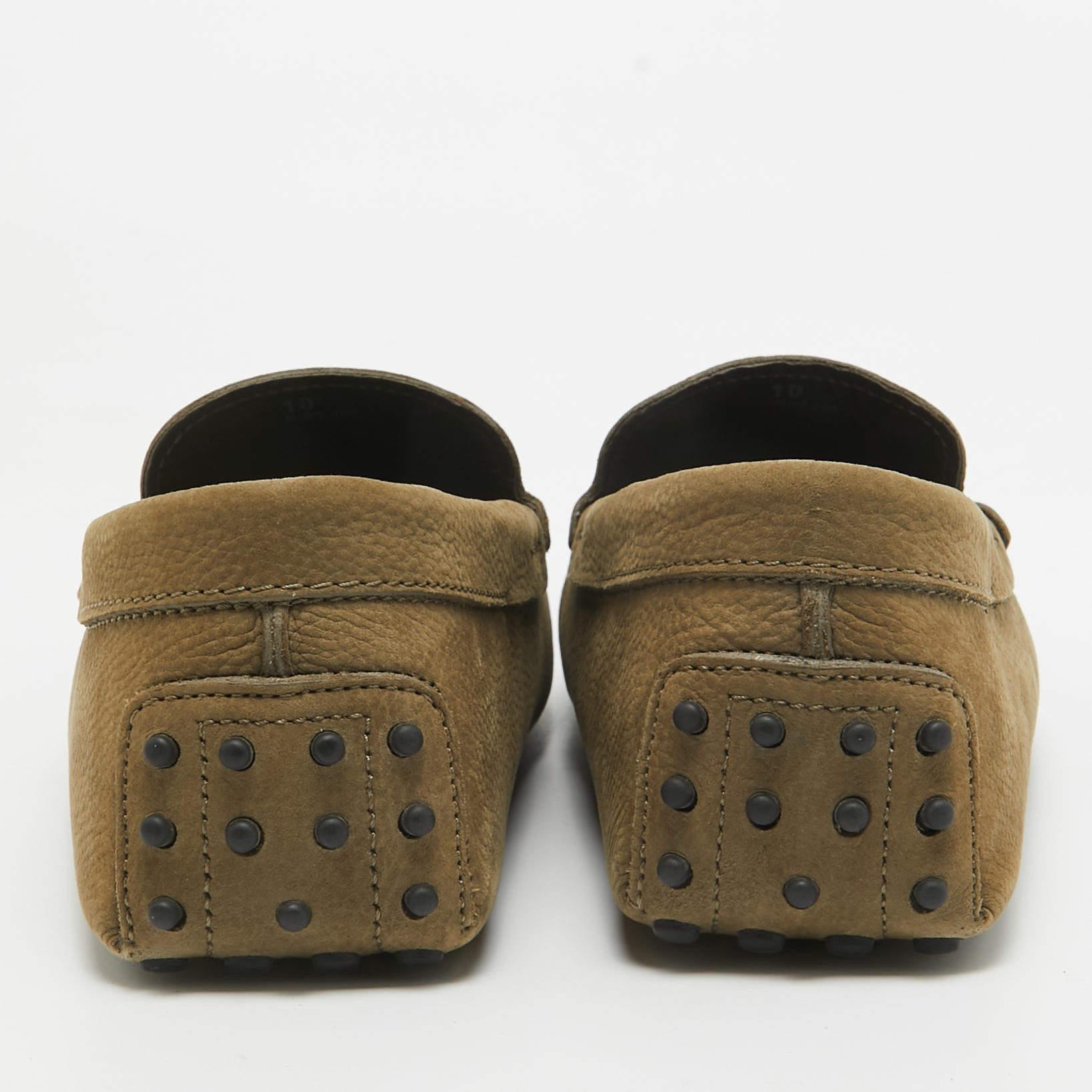 Men's Tod's Olive Green Nubuck Leather Slip On Loafers Size 44.5 For Sale