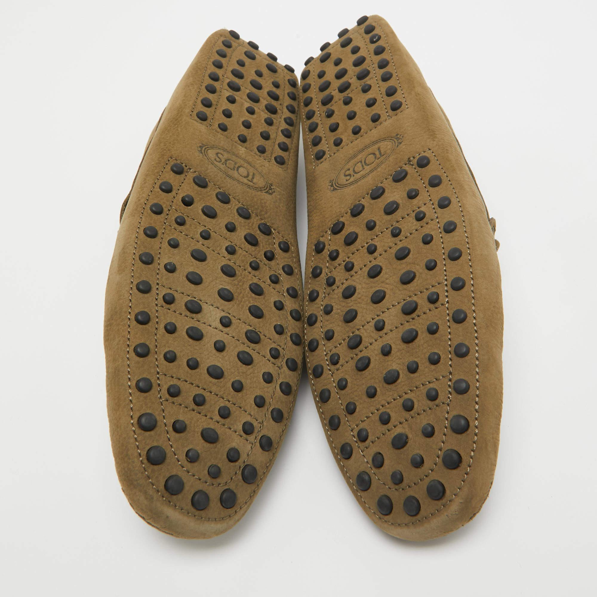 Tod's Olive Green Nubuck Leather Slip On Loafers Size 44.5 For Sale 1