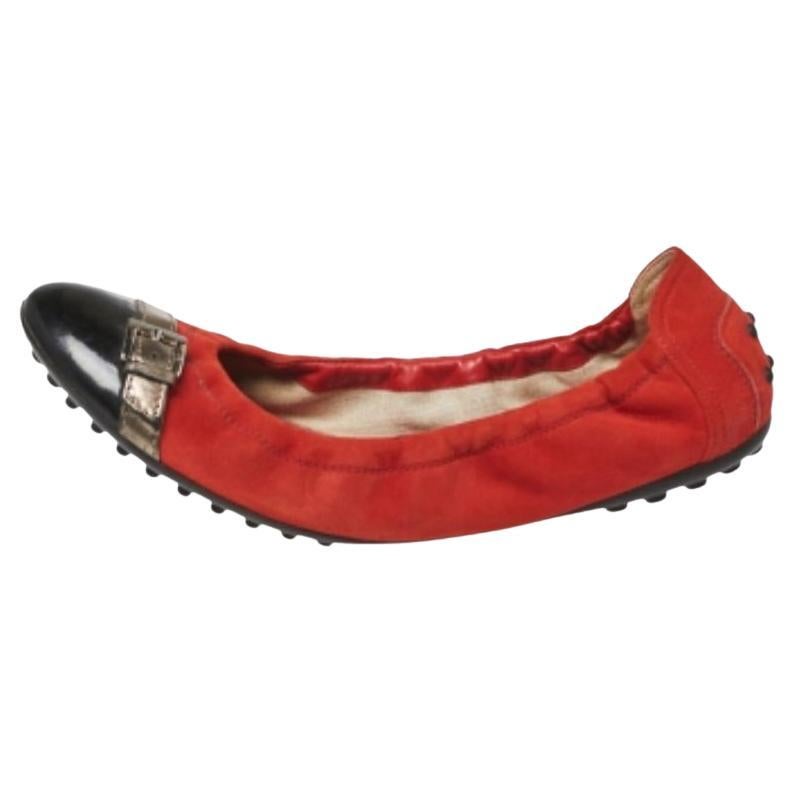 Tod's Orange/Black Suede & Patent Leather Cap Toe Scrunch Ballet Flats Size 37.5 For Sale