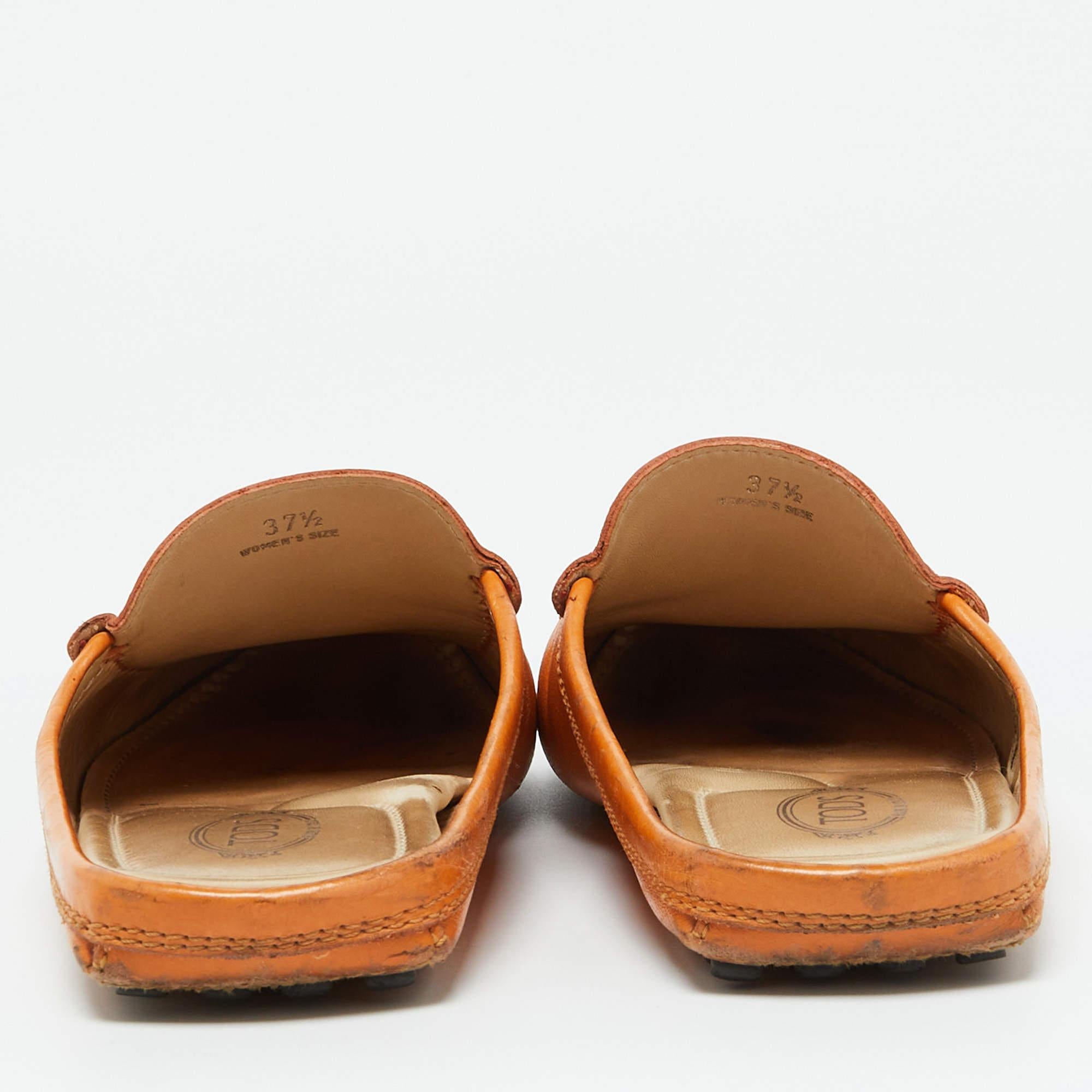 Tod's Orange Leather Flat Loafer Mules Size 37.5 For Sale 1