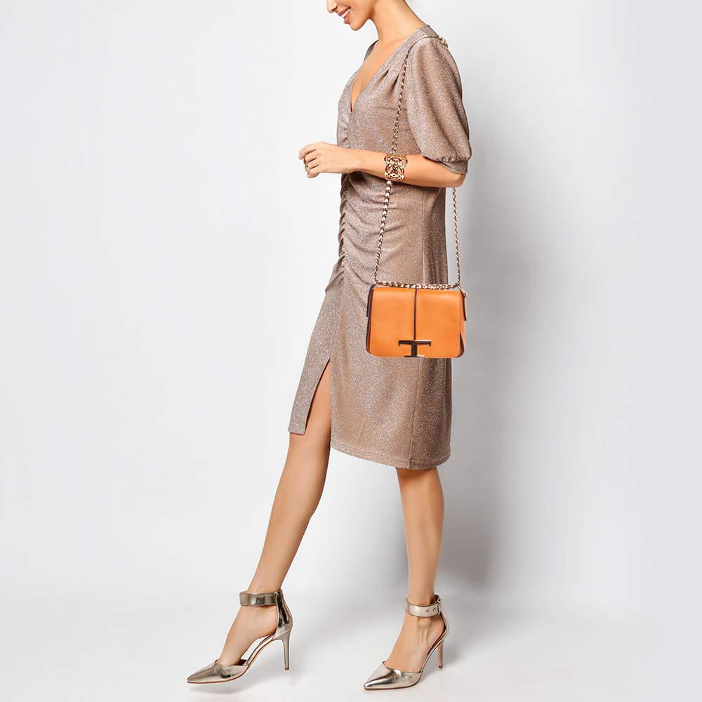 Tod's Orange Leather T Timeless Chain Shoulder Bag In Good Condition In Dubai, Al Qouz 2
