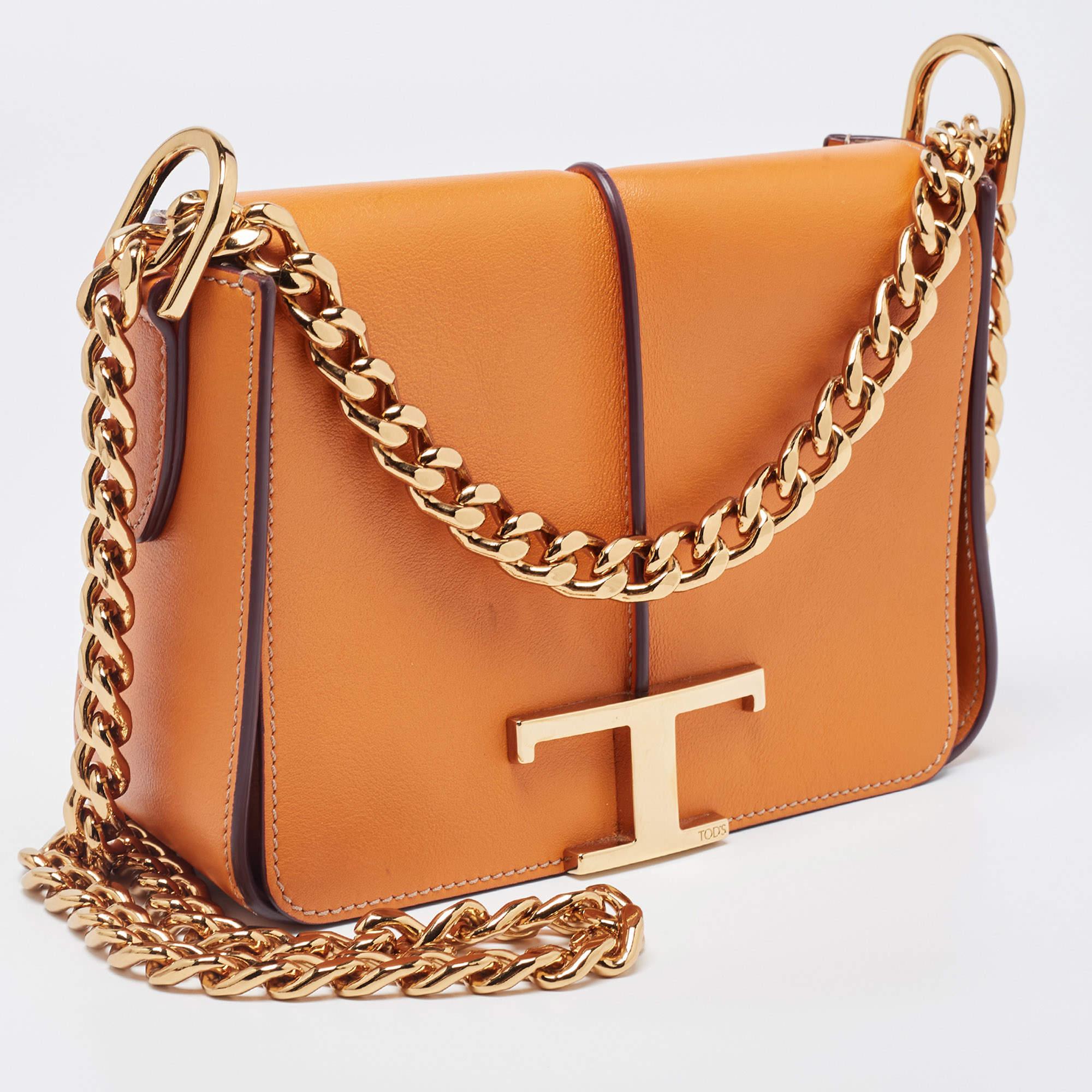 Women's Tod's Orange Leather T Timeless Chain Shoulder Bag