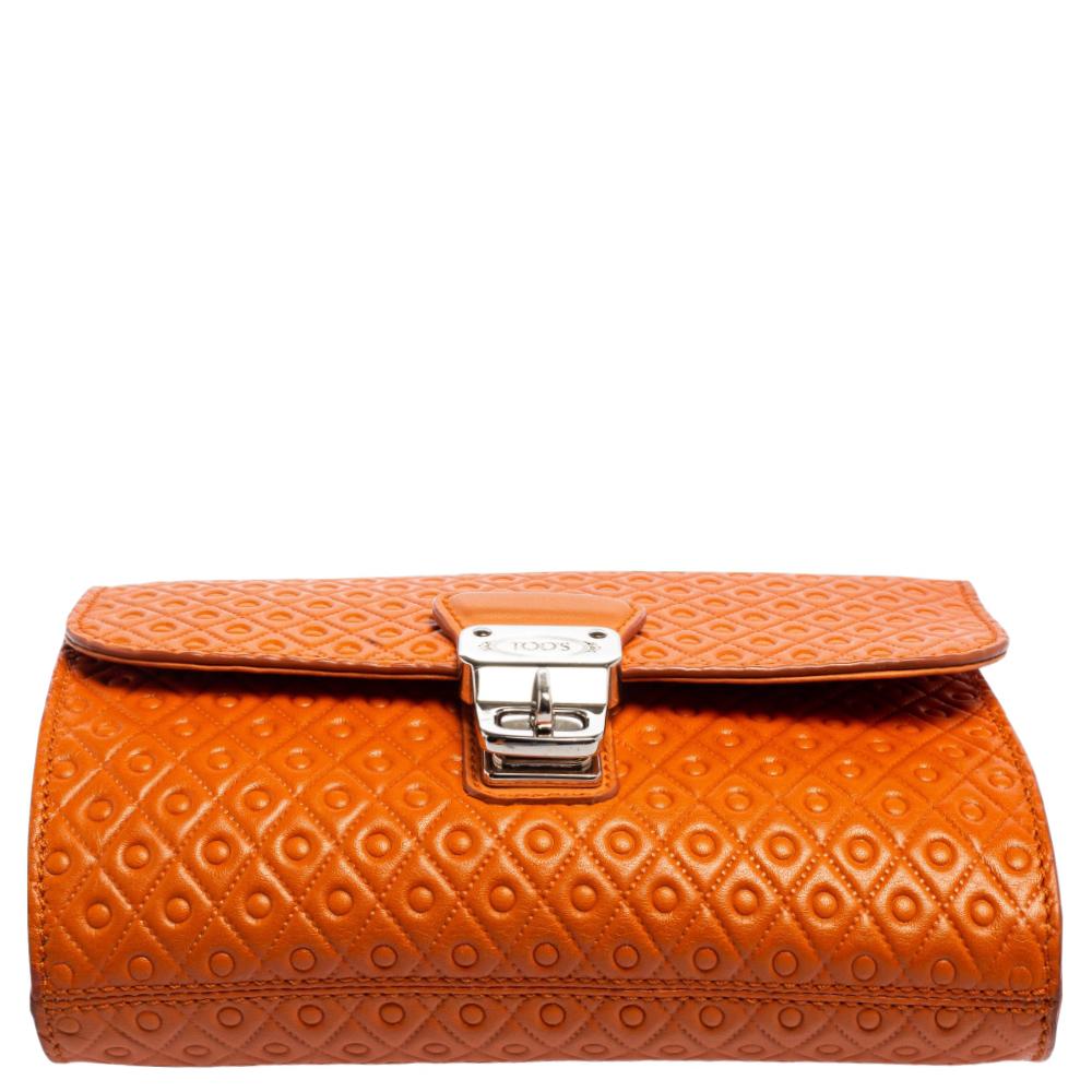 Women's Tod's Orange Signature Embossed Leather Flap Shoulder Bag