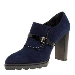 Tod's Oxford Blue Suede Block Heel Ankle Booties Size 40.5