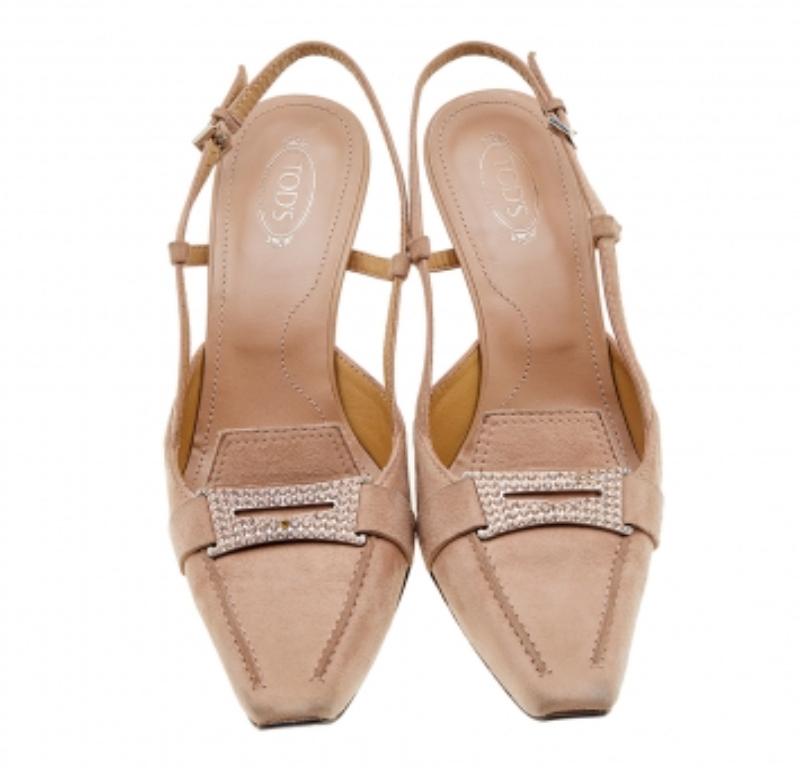 Brown Tod's Pale Pink Suede Crystal Embellished Penny Loafer Slingback Sandals Size 40 For Sale