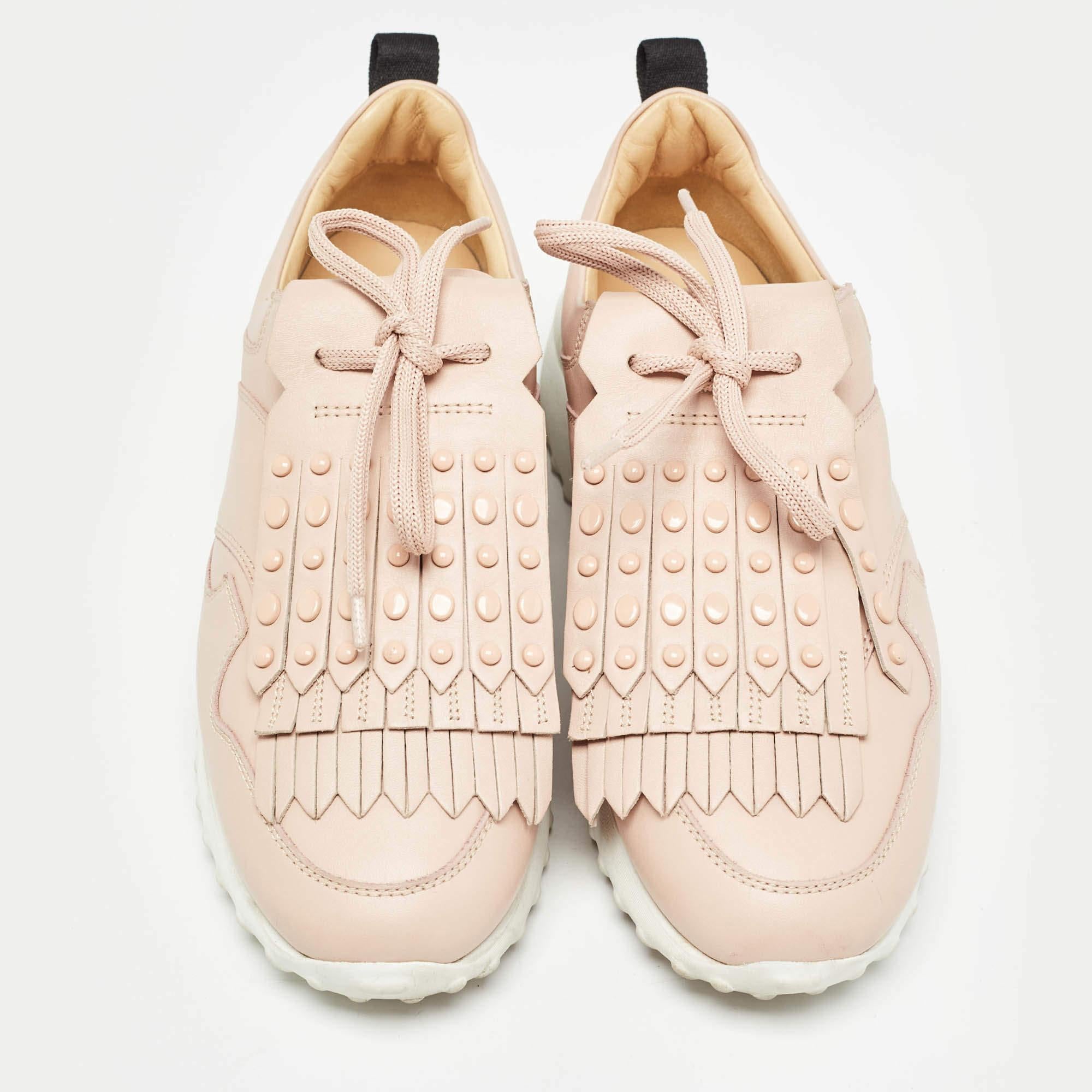 Beige Tod's Pink Leather Fringe Details Low Top Sneakers Size 37 For Sale