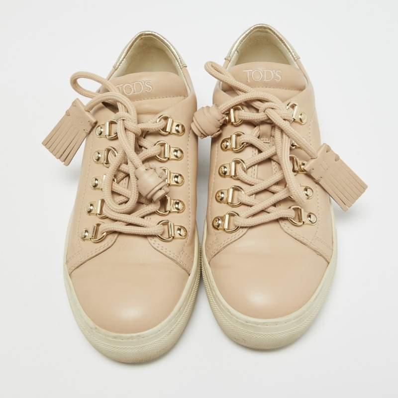 Beige Tod's Pink Leather Low Top Sneakers Size 35 For Sale
