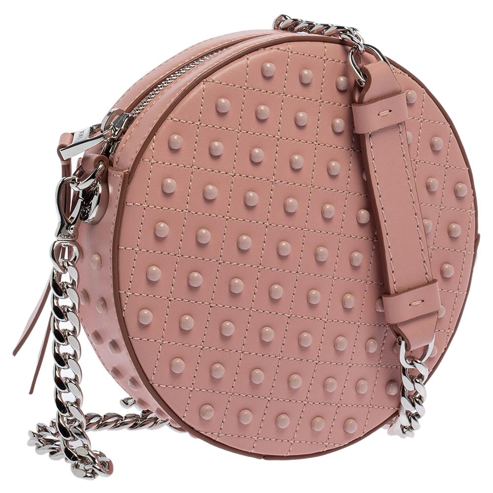 Brown Tod's Pink Leather Round Gommini Crossbody Bag