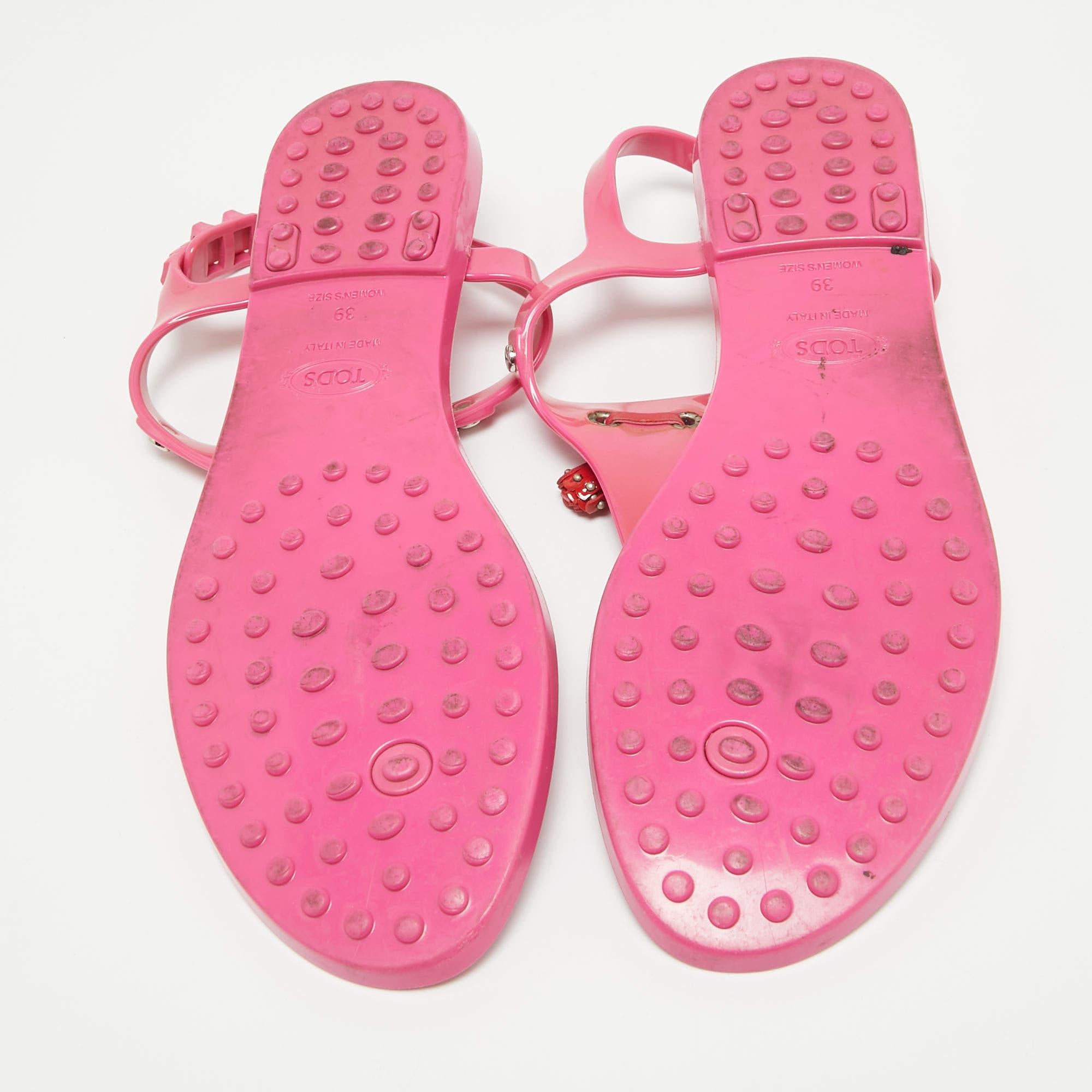 Tod's Pink Rubber Studded Tassel Thong Flat Sandals Size 39 2