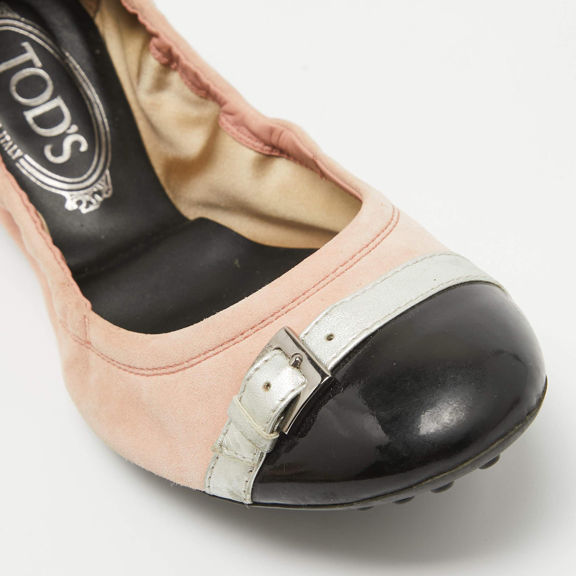 Tod's Pink Suede and Patent Leather Buckle Detail Scrunch Ballet Flats Size 39.5 For Sale 2