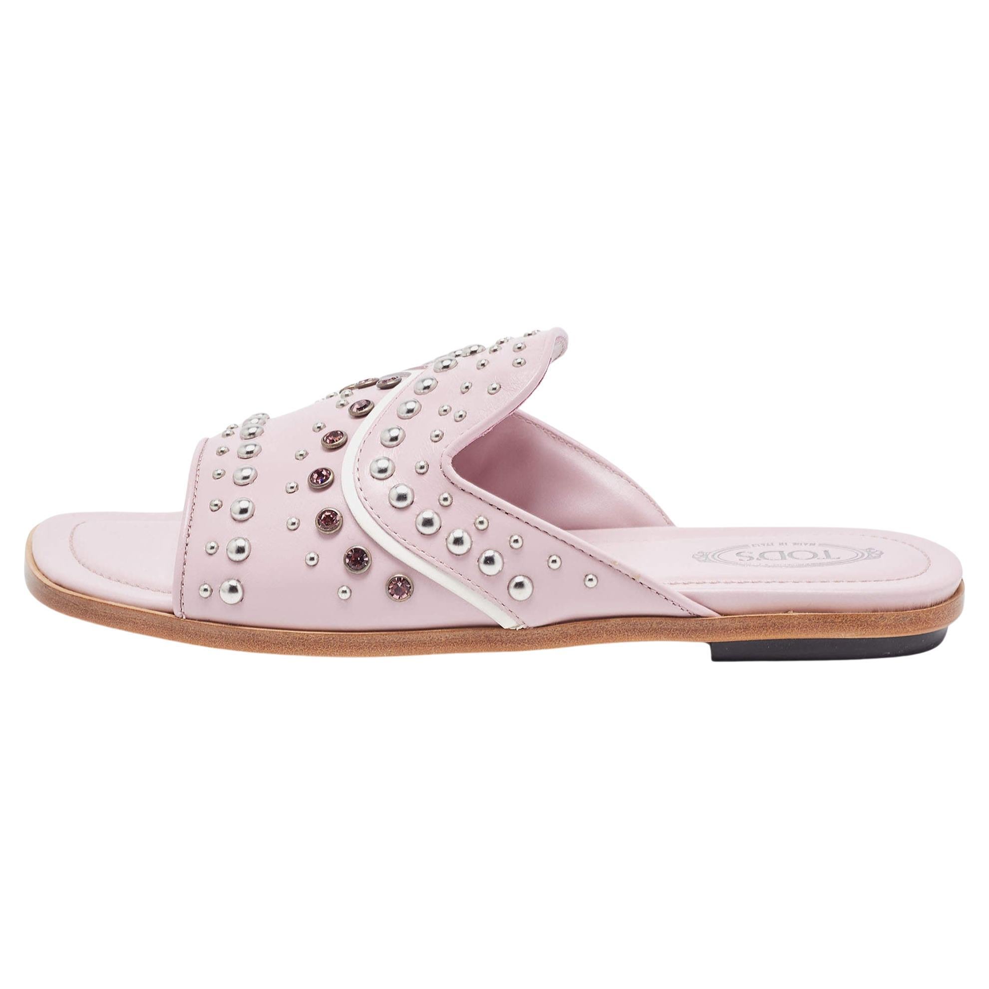 Tod's Purple Studded Leather Open Toe Flat Slides Size 37.5 For Sale