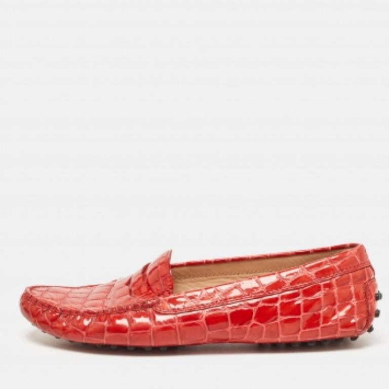 Tod's Rote Croc geprägte Lackleder Penny Loafers Größe 39.5
