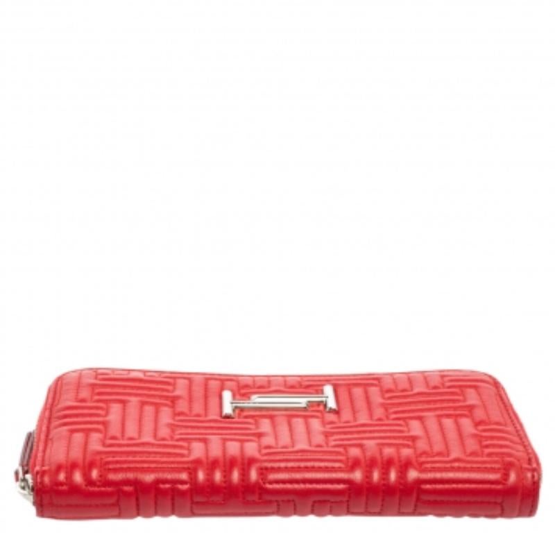 Tod's Red Leather Double T Zip Around Continental Wallet For Sale 2
