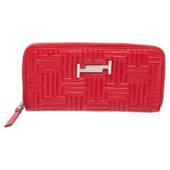 Tod's Red Leather Double T Zip Around Continental Wallet