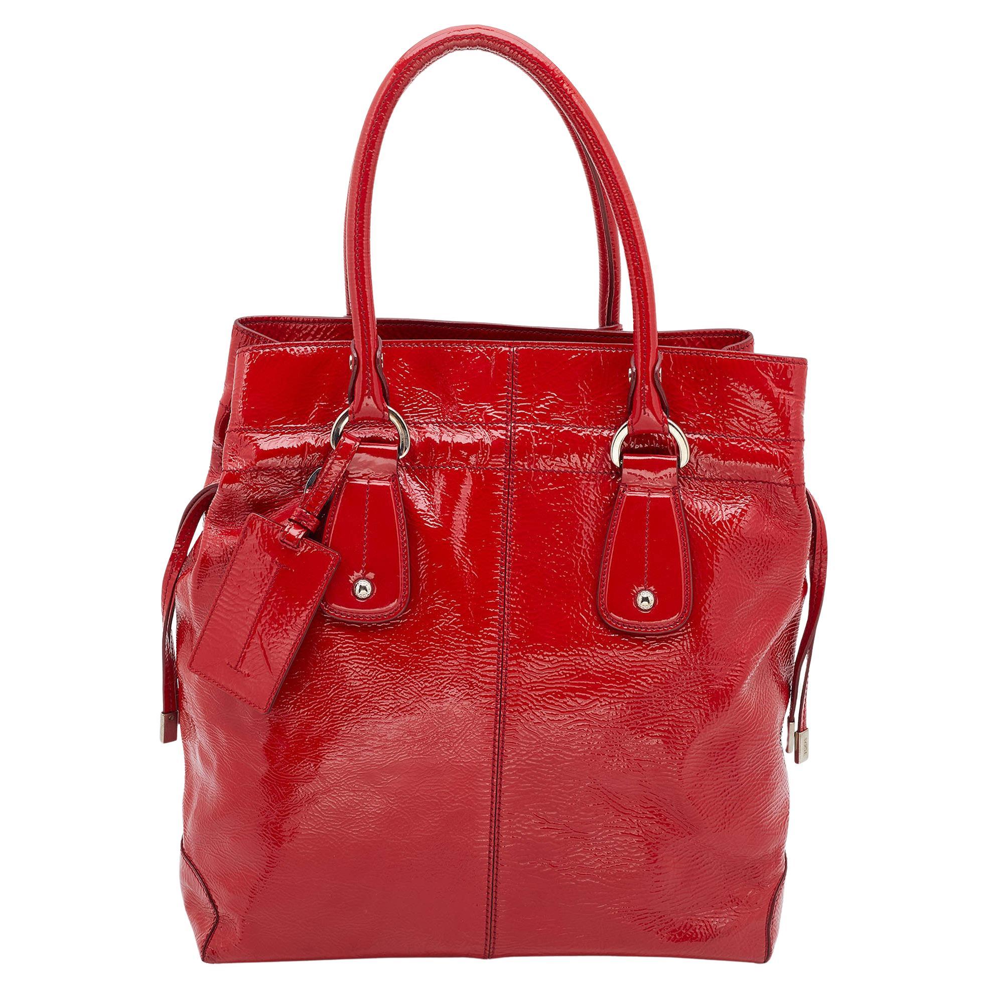 Tod's Red Patent Leather Drawstring Tote