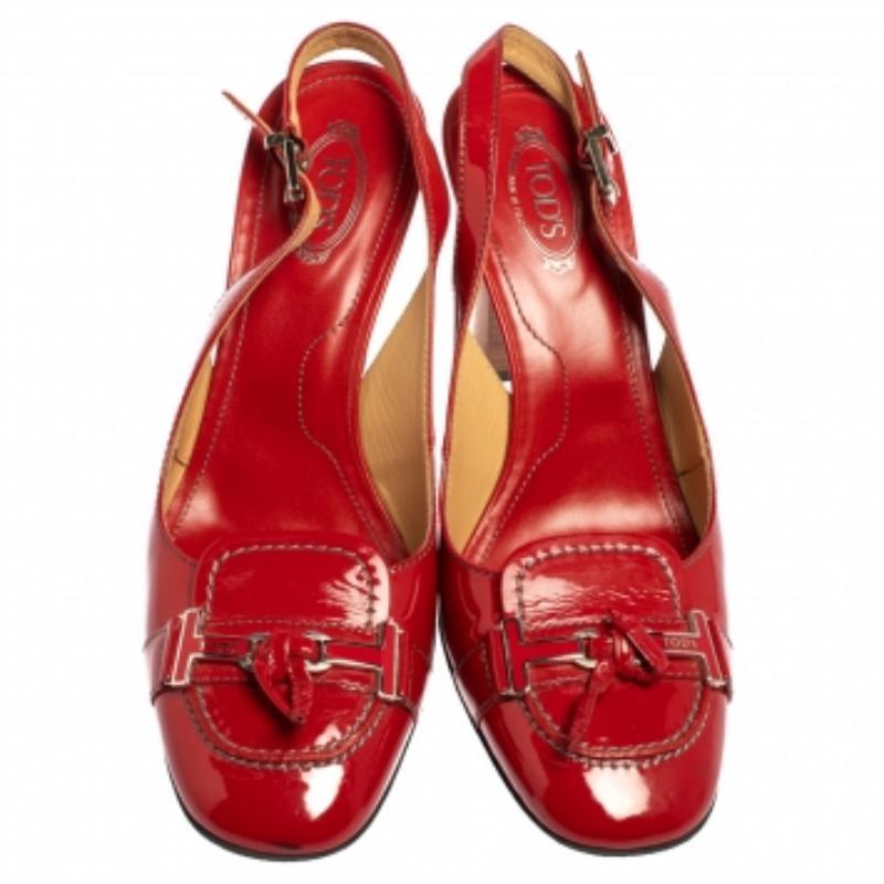Tod's Red Patent Leather Penny Loafer Slingback Sandals Size 38.5 For Sale 1