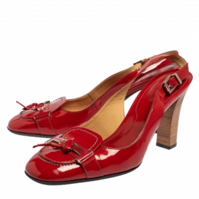 Tod's Red Patent Leather Penny Loafer Slingback Sandals Size 38.5 For Sale 2