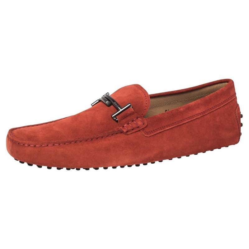 Tod''s Red Suede Gommino Double T Slip On Loafers Size 44 at 1stDibs