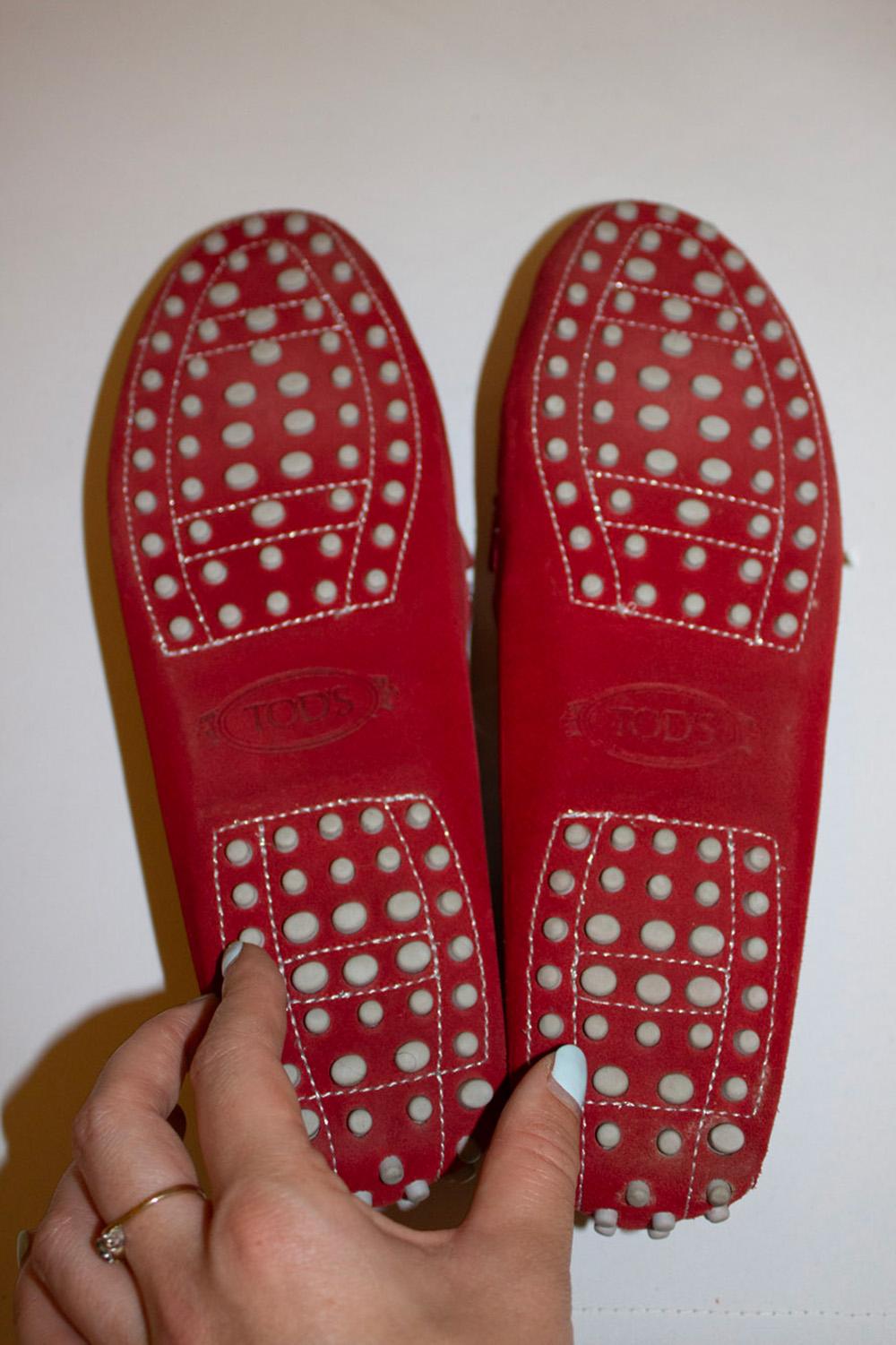 Women's or Men's Tods Red Suede Loafers with Silver Leather thread Detail For Sale