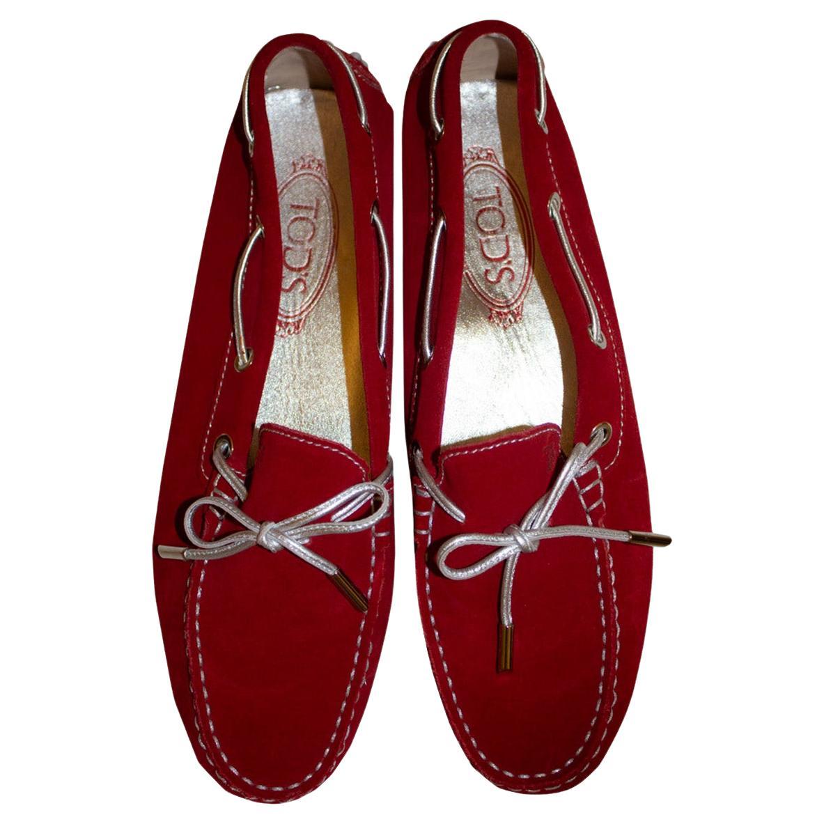 Tods Red Suede Loafers with Silver Leather thread Detail For Sale