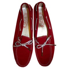 Tods Red Suede Loafers with Silver Leather thread Detail