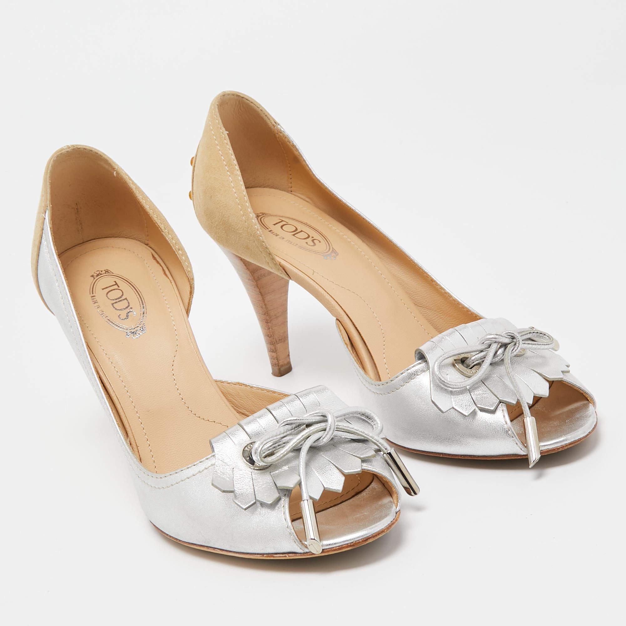 Women's Tod's Silver/Beige Leather and Suede Peep Toe Dosary Pumps Size 37 For Sale