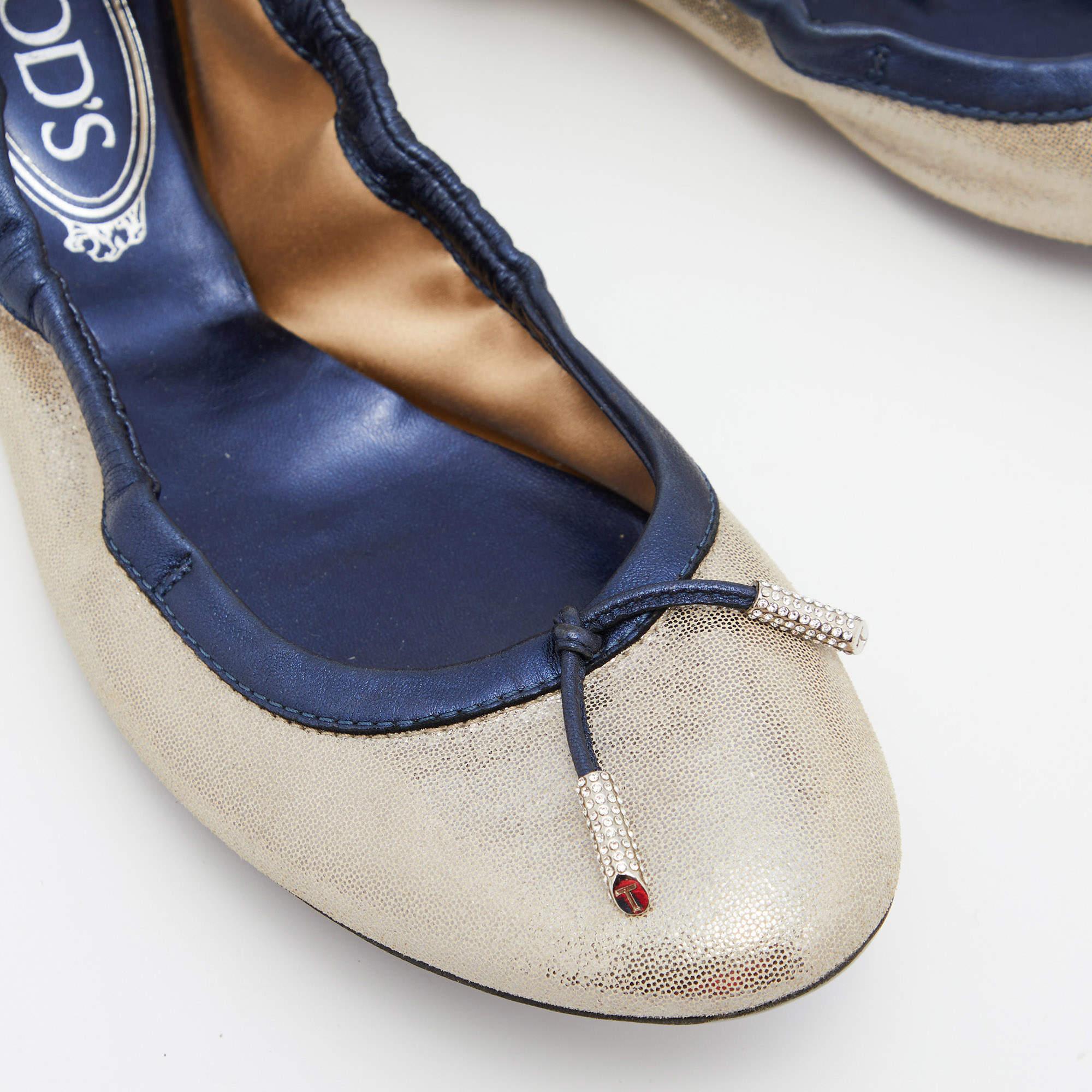 Tod's Silver/Blue Textured Nubuck Leather Scrunch Ballet Flats Size 38 For Sale 2