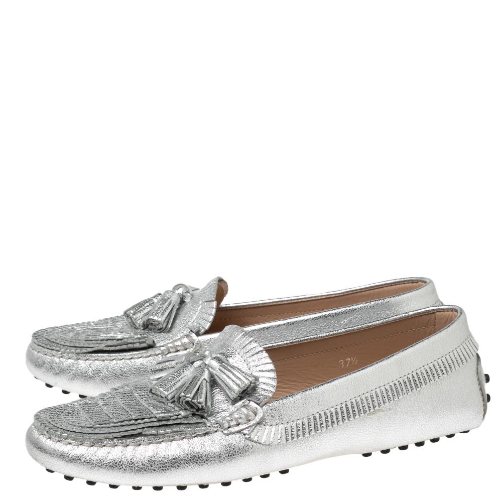 Tod's Silver Fringed Leather Tassel Loafers Size 37.5 3