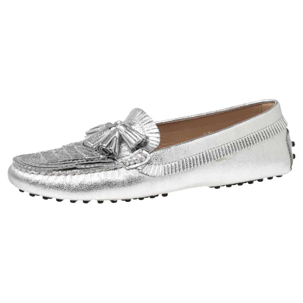 Tod's Silver Fringed Leather Tassel Loafers Size 37.5