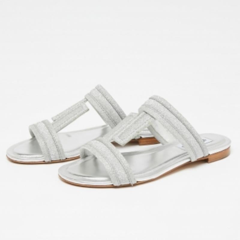 Women's Tod's Silver Glitter Double T Strap Flat Slides Size 36 For Sale