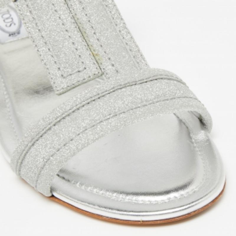 Tod's Silver Glitter Double T Strap Flat Slides Size 36 For Sale 1