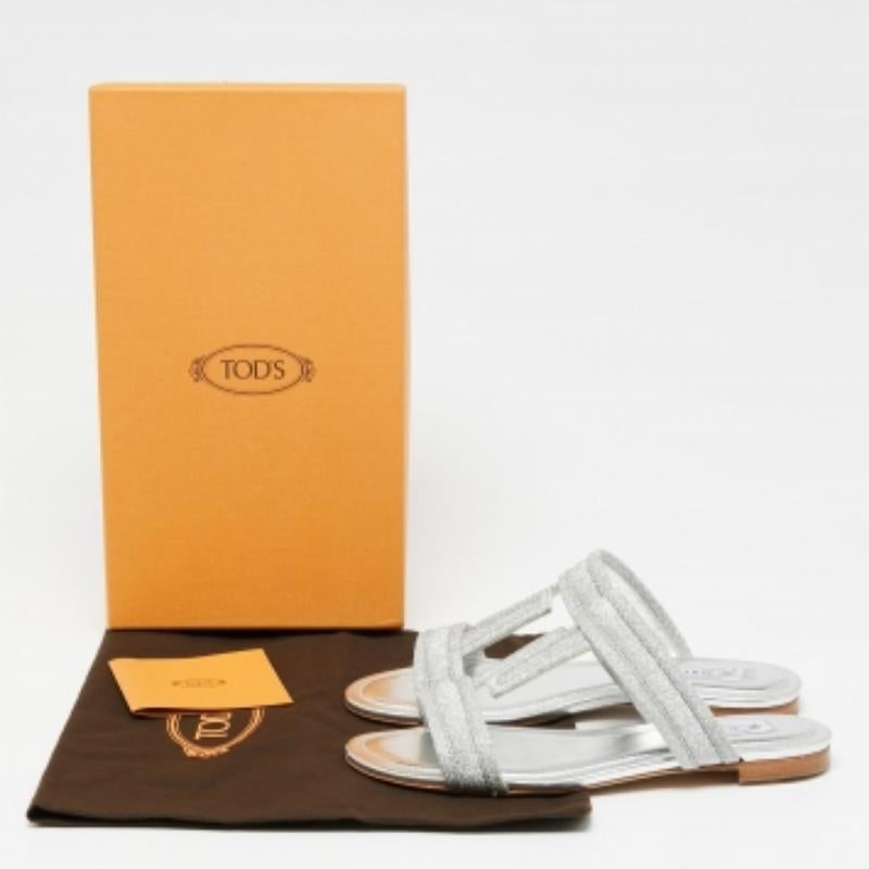 Tod's Silver Glitter Double T Strap Flat Slides Size 36 For Sale 4