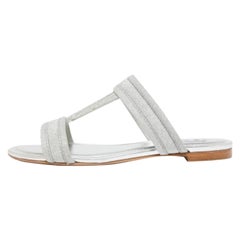 Tod's Silver Glitter Double T Strap Flat Slides Size 36