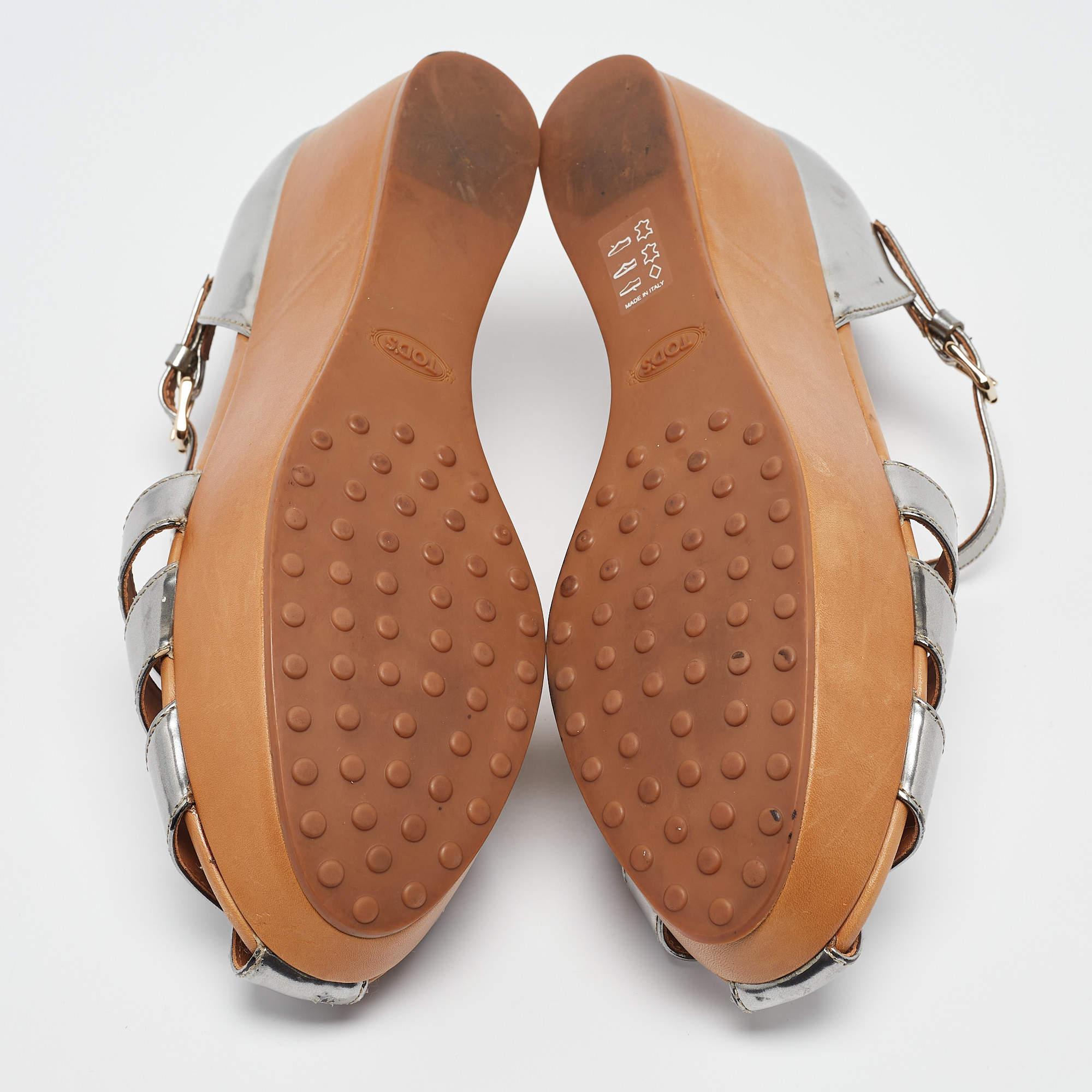 Tod's Silver Leather Platform Sandals Size 40 For Sale 1