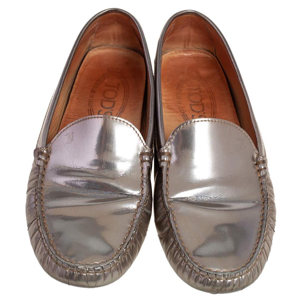 Brown Tod's Silver Patent Leather Slip On Loafers Size 36.5