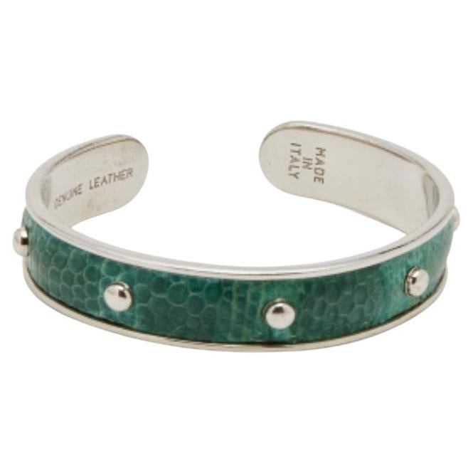 Tod's Silver Tone Green Embossed Leather Studded Narrow Cuff Bracelet For Sale