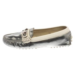 Tod's Silver/White Patent and Leather Logo Buckle Loafers Size 36