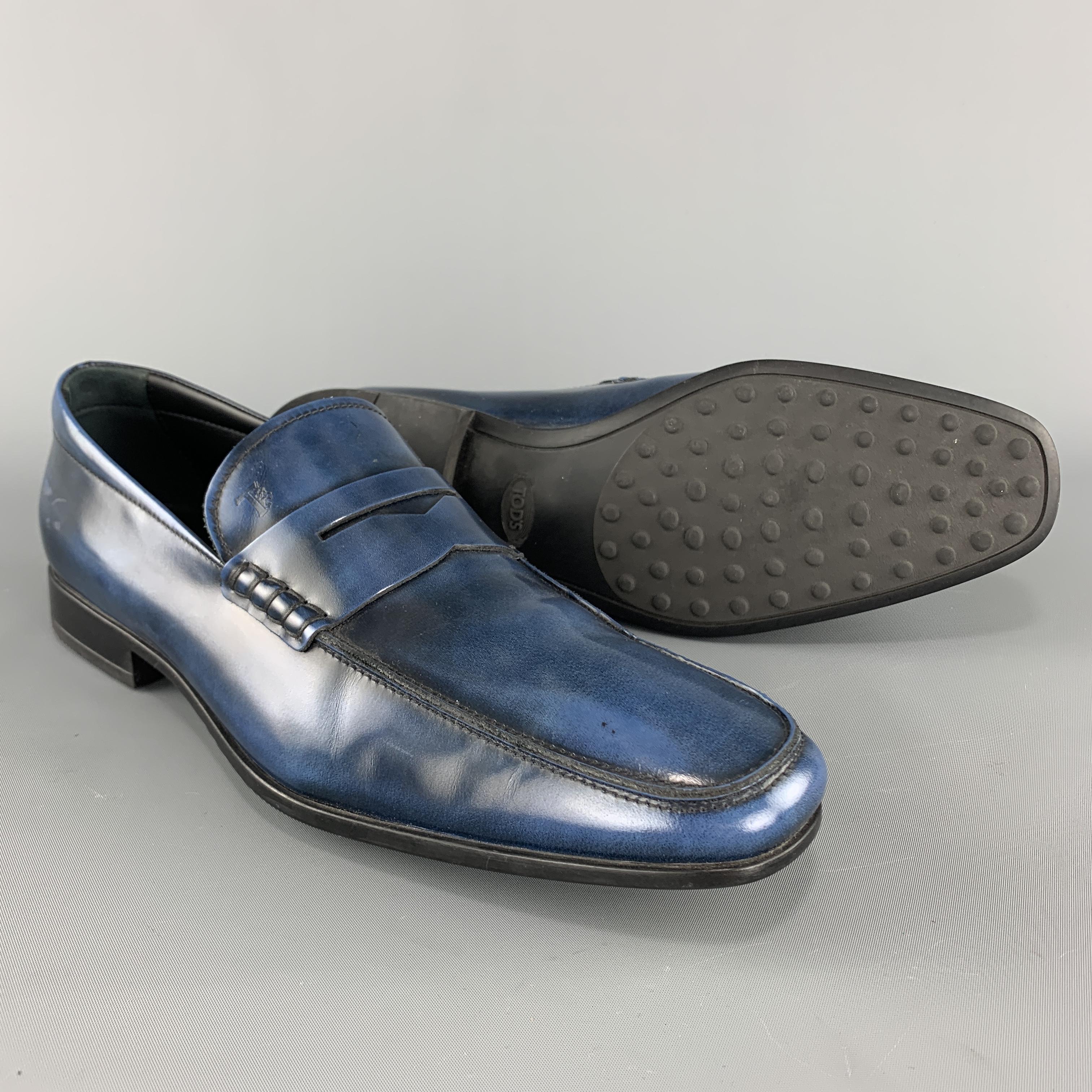 Black TOD'S Size 10 Blue Antique Leather Slip On Penny Loafers