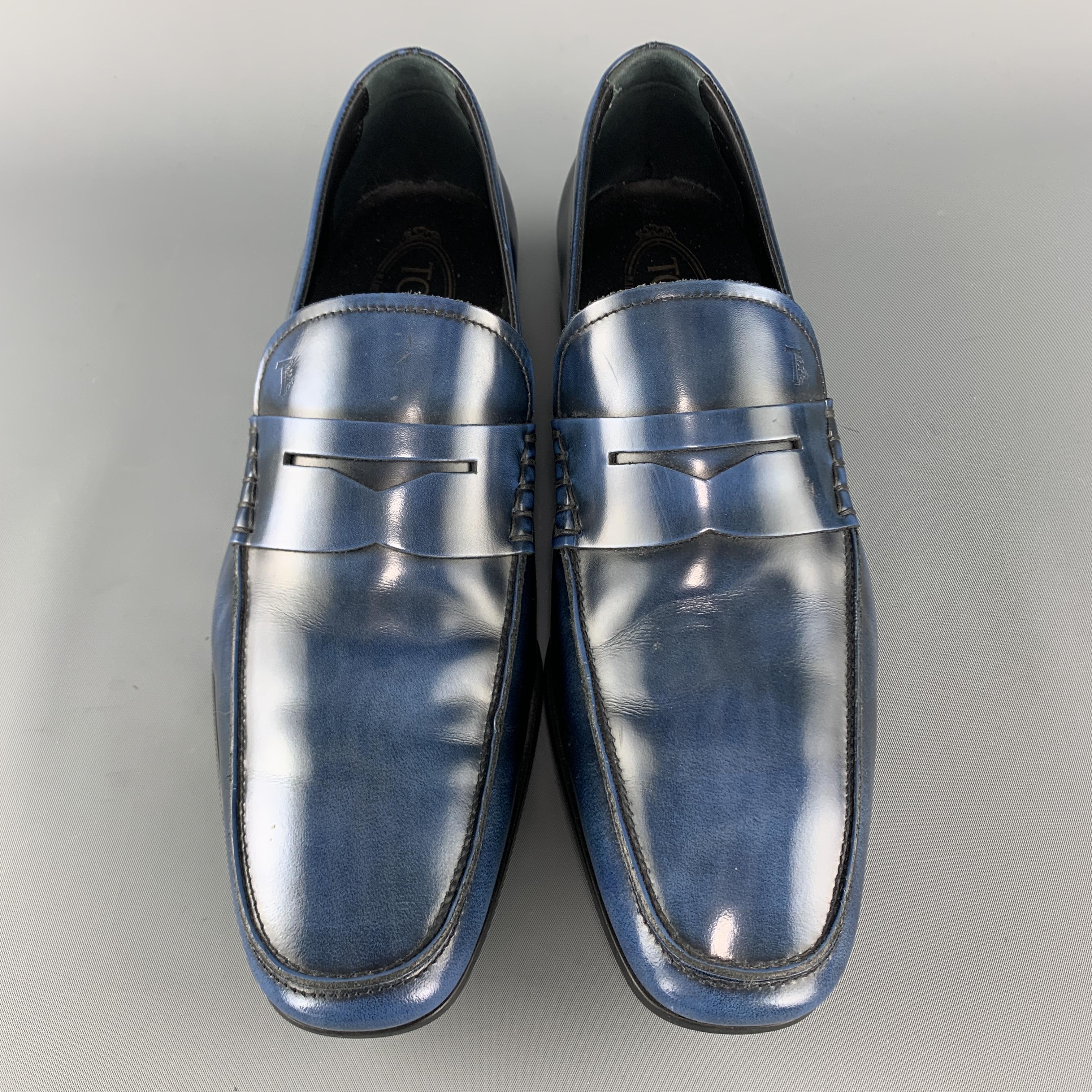 TOD'S Size 10 Blue Antique Leather Slip On Penny Loafers In Excellent Condition In San Francisco, CA