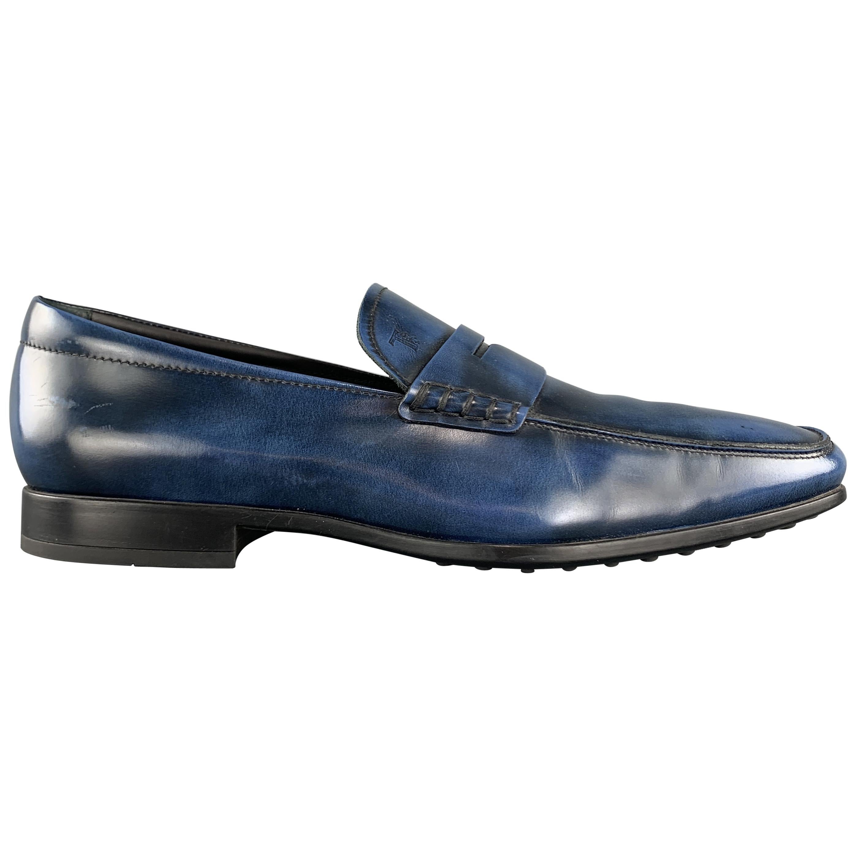 TOD'S Size 10 Blue Antique Leather Slip On Penny Loafers
