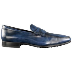 TOD'S Size 10 Blue Antique Leather Slip On Penny Loafers