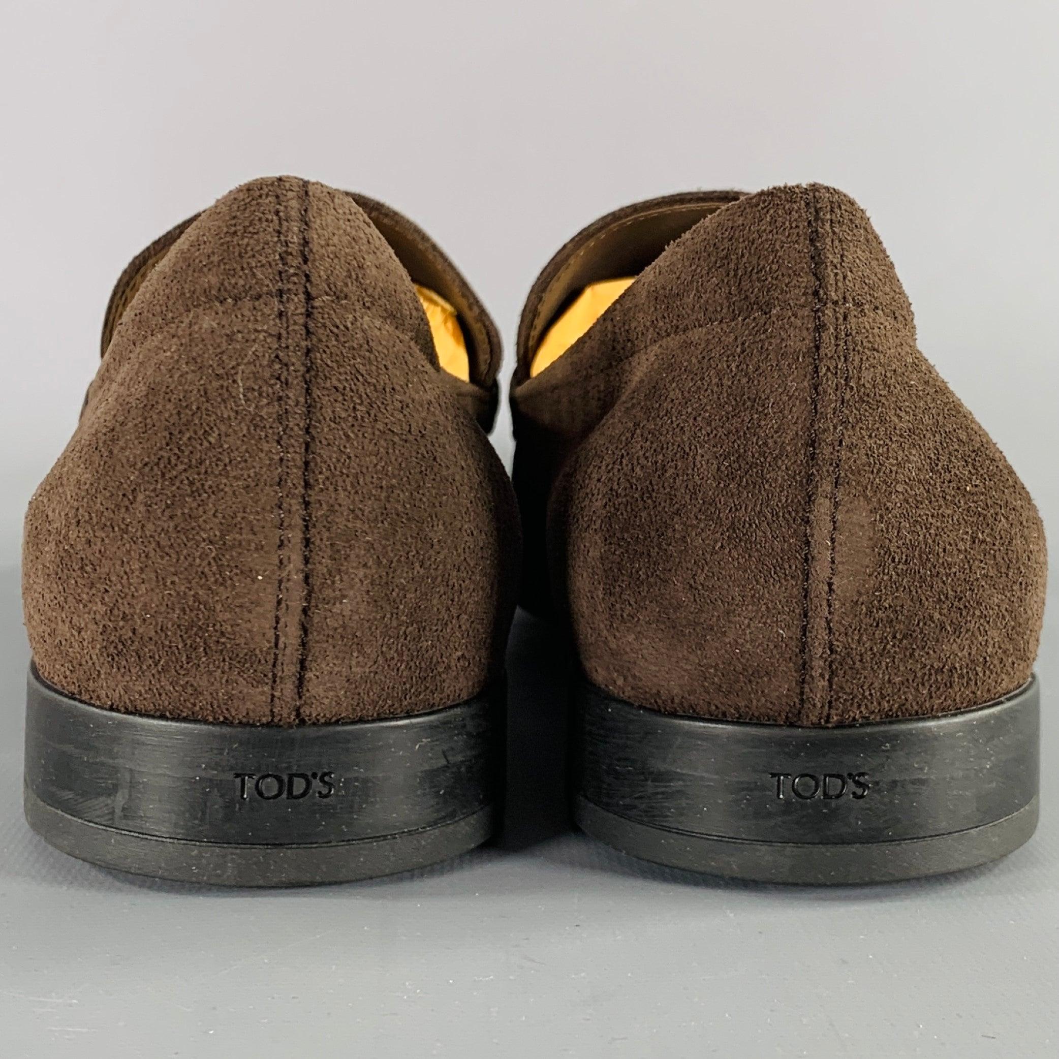 TOD'S Size 10.5 Dark Brown Suede Penny Slip On Loafers In Excellent Condition For Sale In San Francisco, CA