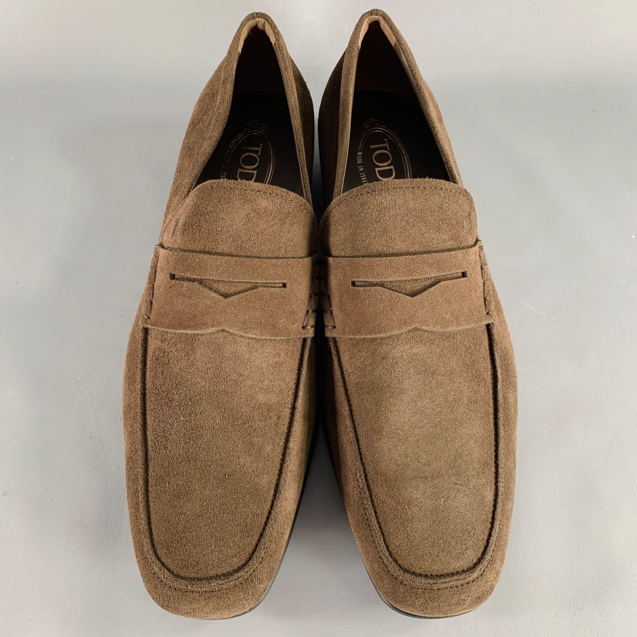 Men's TOD'S Size 10.5 Dark Brown Suede Penny Slip On Loafers For Sale