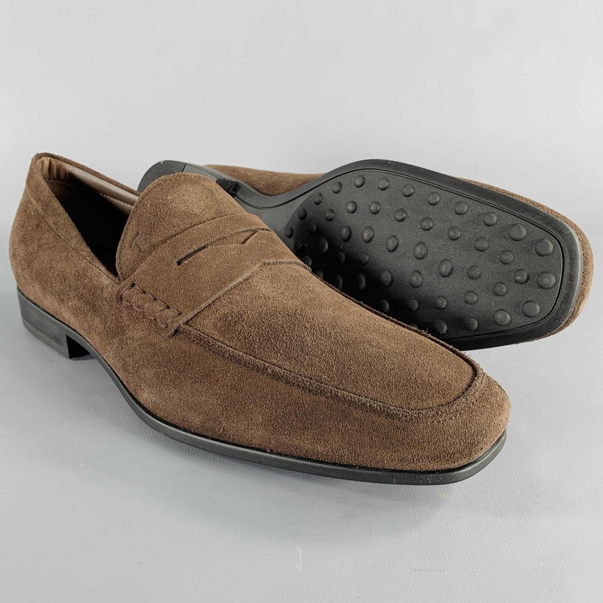TOD'S Size 10.5 Dark Brown Suede Penny Slip On Loafers For Sale 1