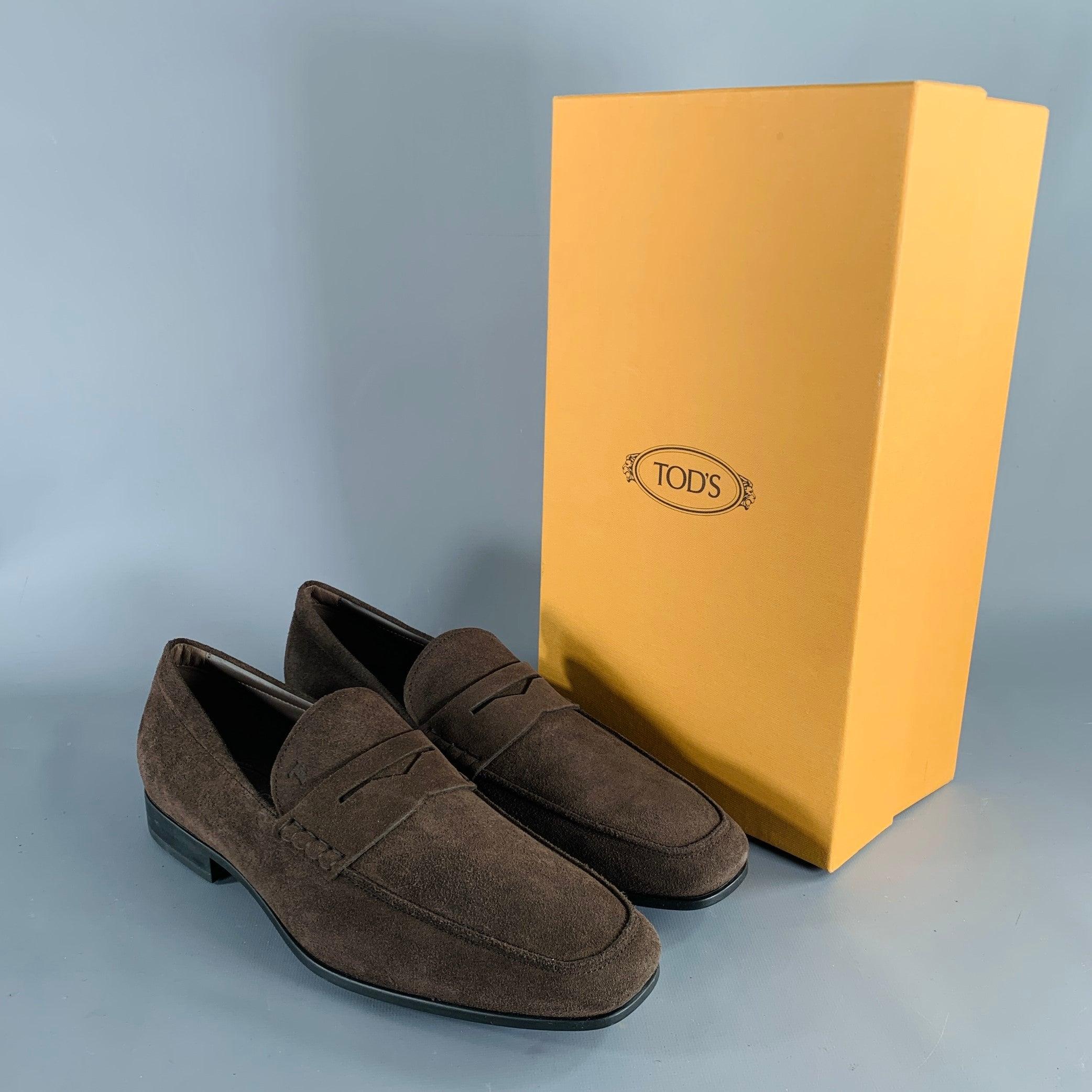 TOD'S Size 10.5 Dark Brown Suede Penny Slip On Loafers For Sale 5
