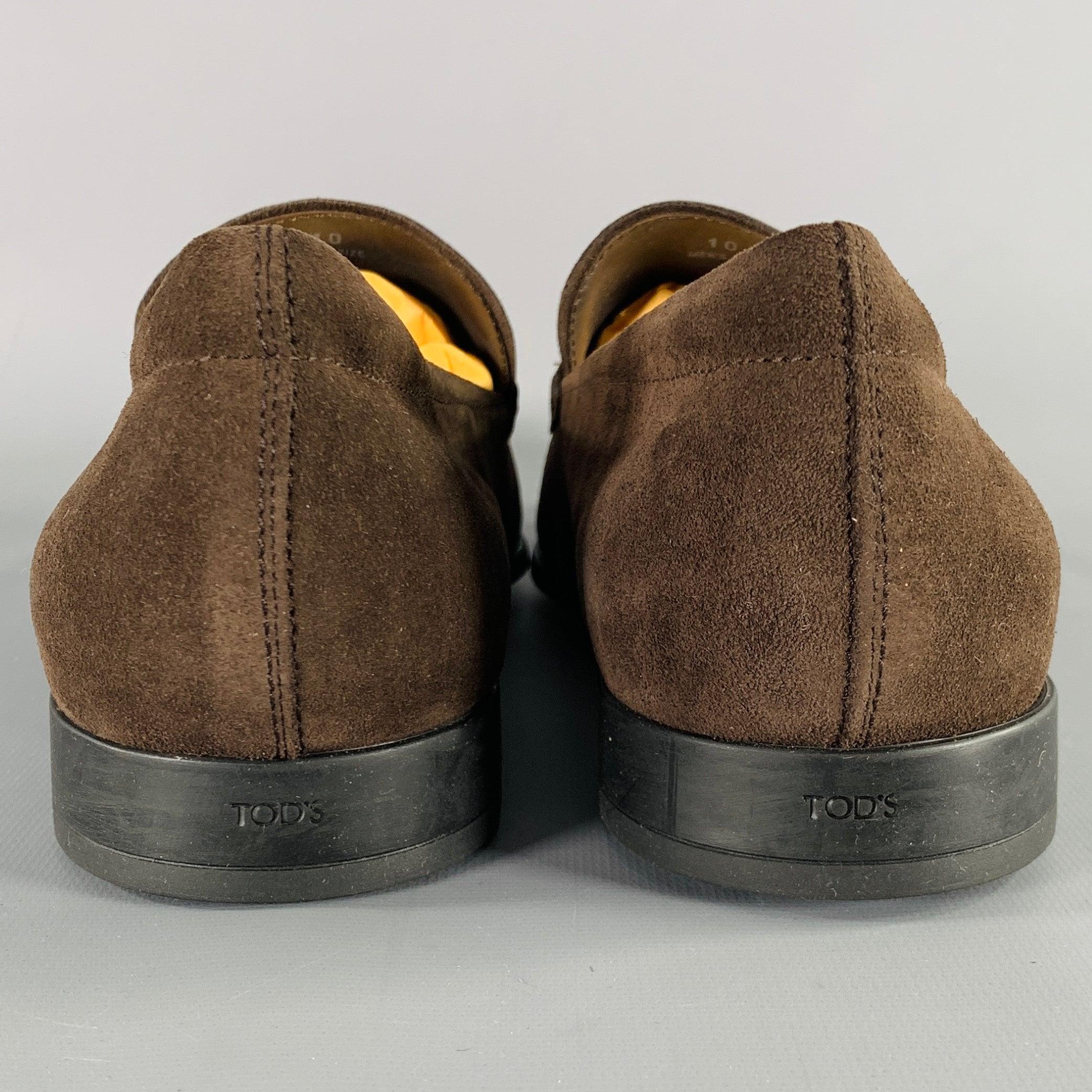 TOD'S Size 11 Dark Brown Suede Penny Loafers In Excellent Condition For Sale In San Francisco, CA