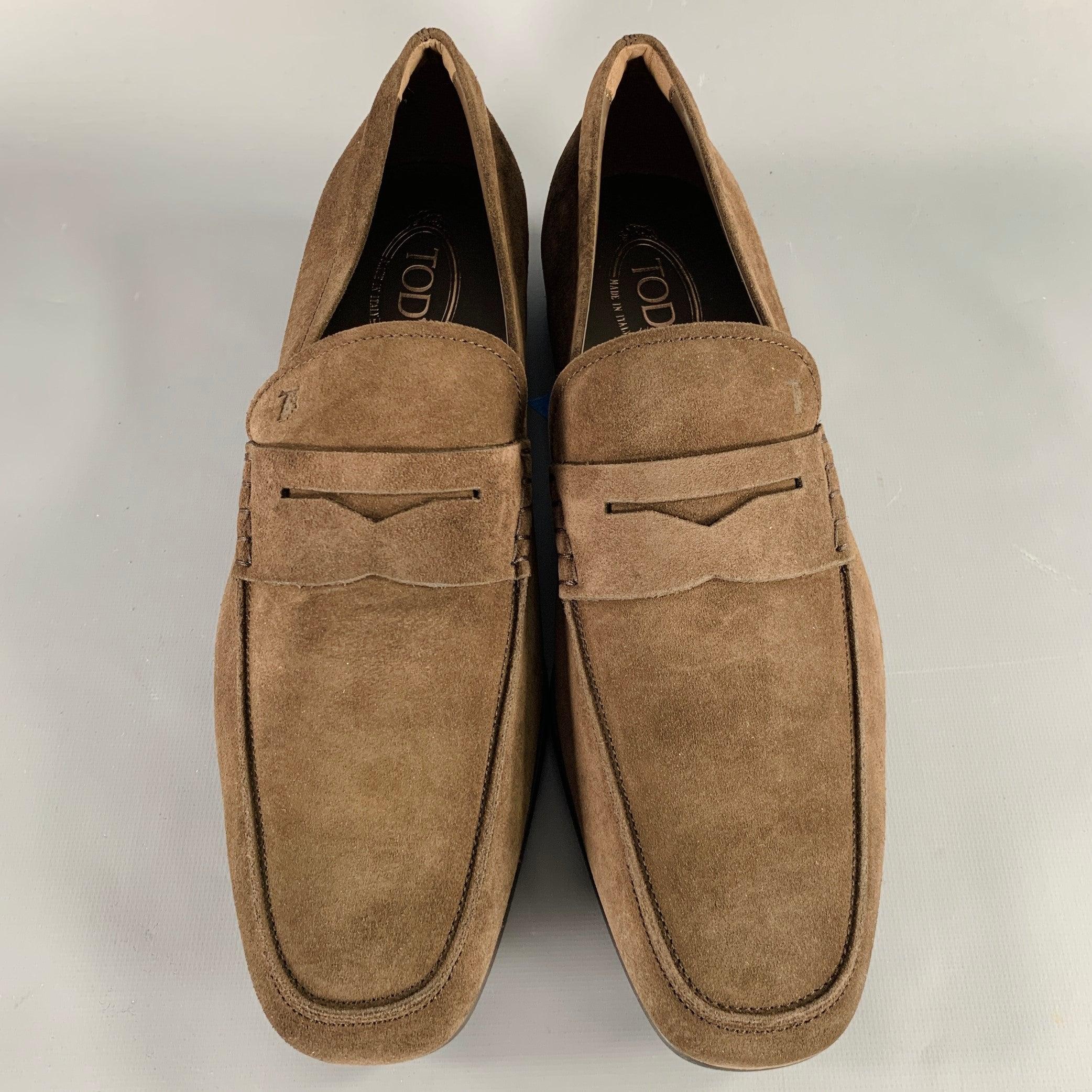 Men's TOD'S Size 11 Dark Brown Suede Penny Loafers For Sale