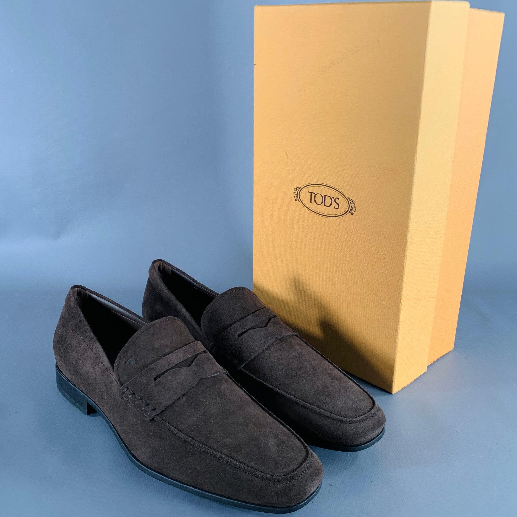 TOD'S Size 11 Dark Brown Suede Penny Loafers For Sale 5